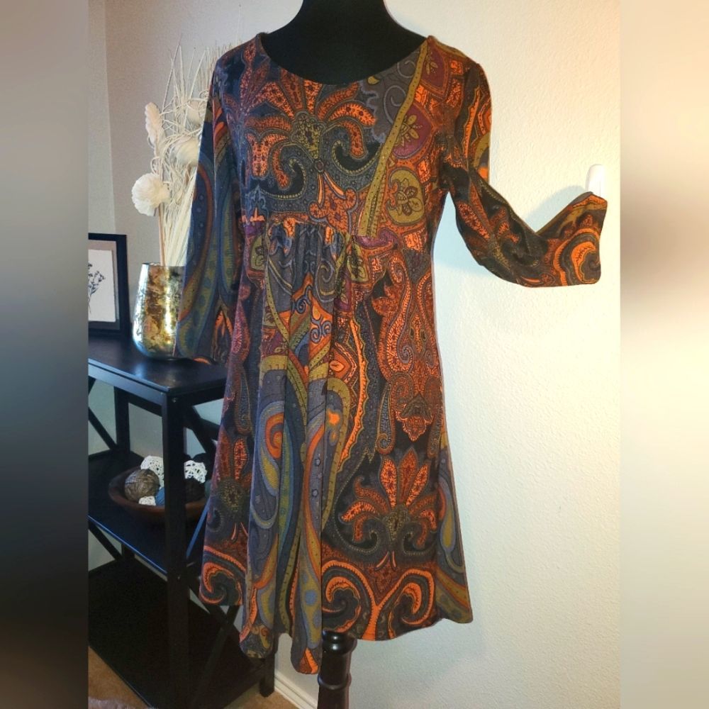 Reborn Autumn Colored Paisley Print Midi Dress, XL